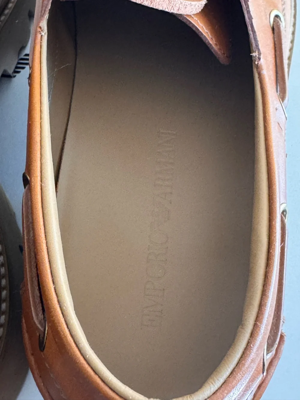 Emporio Armani Lug Sole Leather Boat Shoes Biscotto Tan Men's US 9 / UK 8 NIB